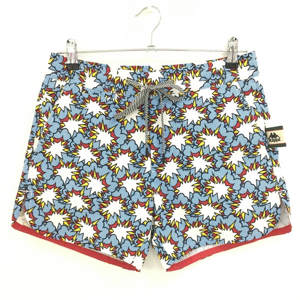 【超美品】カッパ ショートパンツ ブルー×白 総柄 ワッペン薄汚れ レディース M ゴルフウェア Kappa