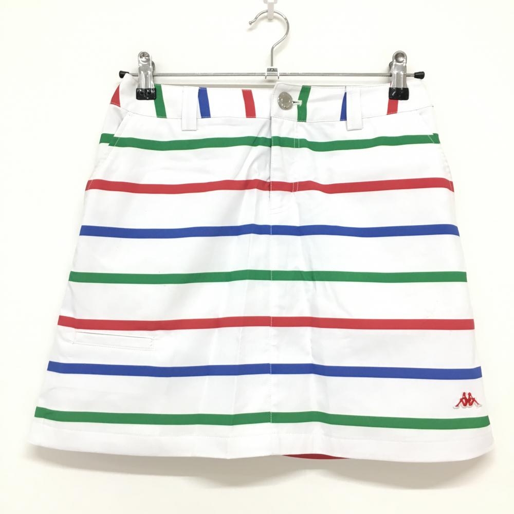 カッパ スカート 白×マルチカラー ボーダー 総柄 ポケット口、フロント汚れ レディース M ゴルフウェア Kappa