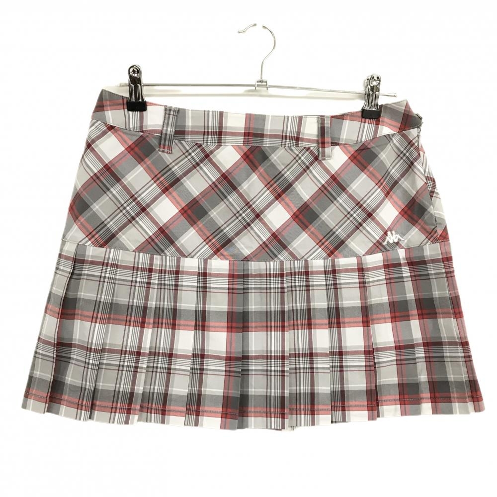 【超美品】カッパ プリーツスカート グレー×レッド チェック柄 ロゴ刺しゅう レディース 11 ゴルフウェア Kappa