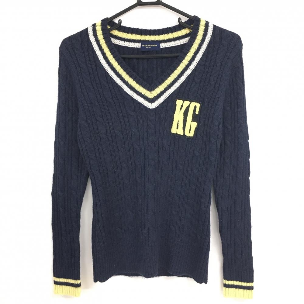キスオンザグリーン セーター ネイビー×イエロー Vネック ワッペン ニット レディース 2(M) ゴルフウェア kiss on the green