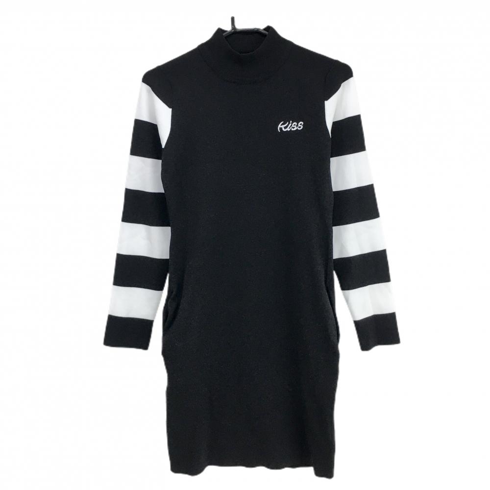 【超美品】キスオンザグリーン ハイネックニットワンピース 黒×白 袖ボーダー レディース 3(L) ゴルフウェア kiss on the green