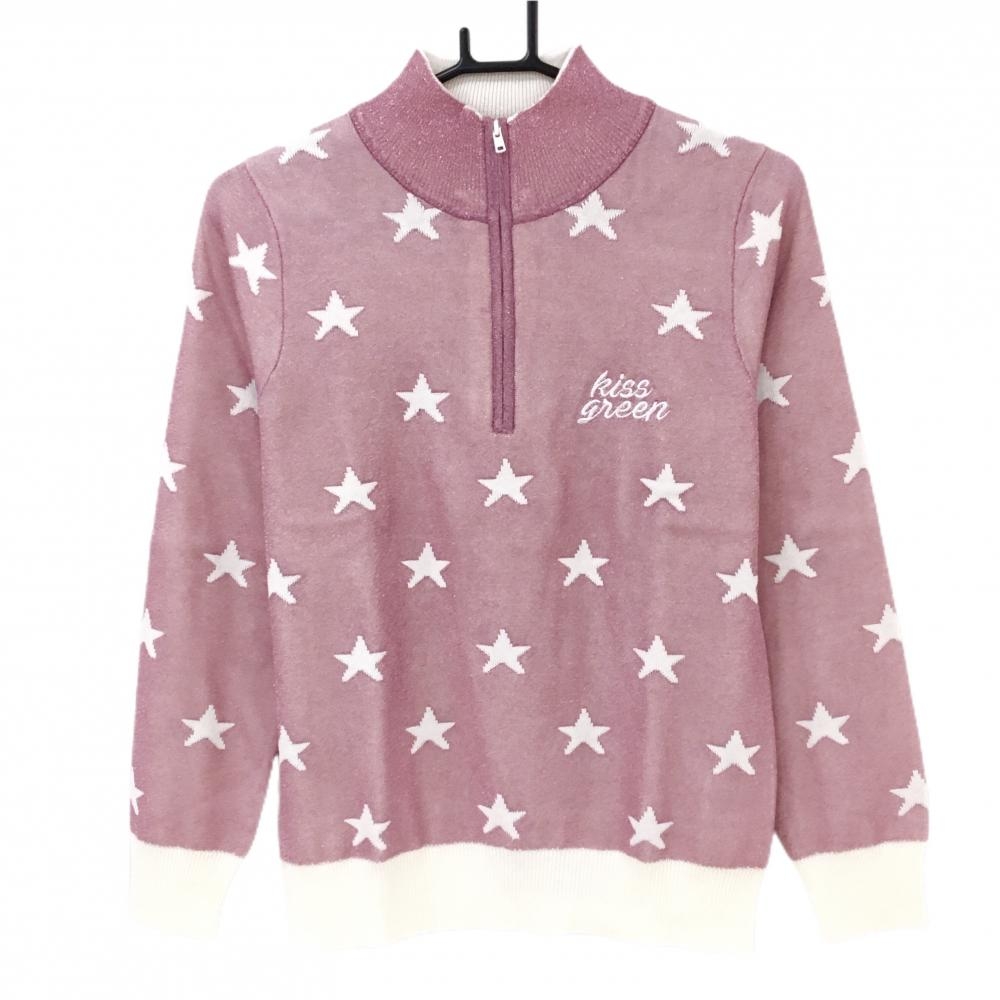 【超美品】キスオンザグリーン ハイネックセーター ピンク×白 スター総柄 ラメ糸 ニット レディース 2(M) ゴルフウェア kiss on the green