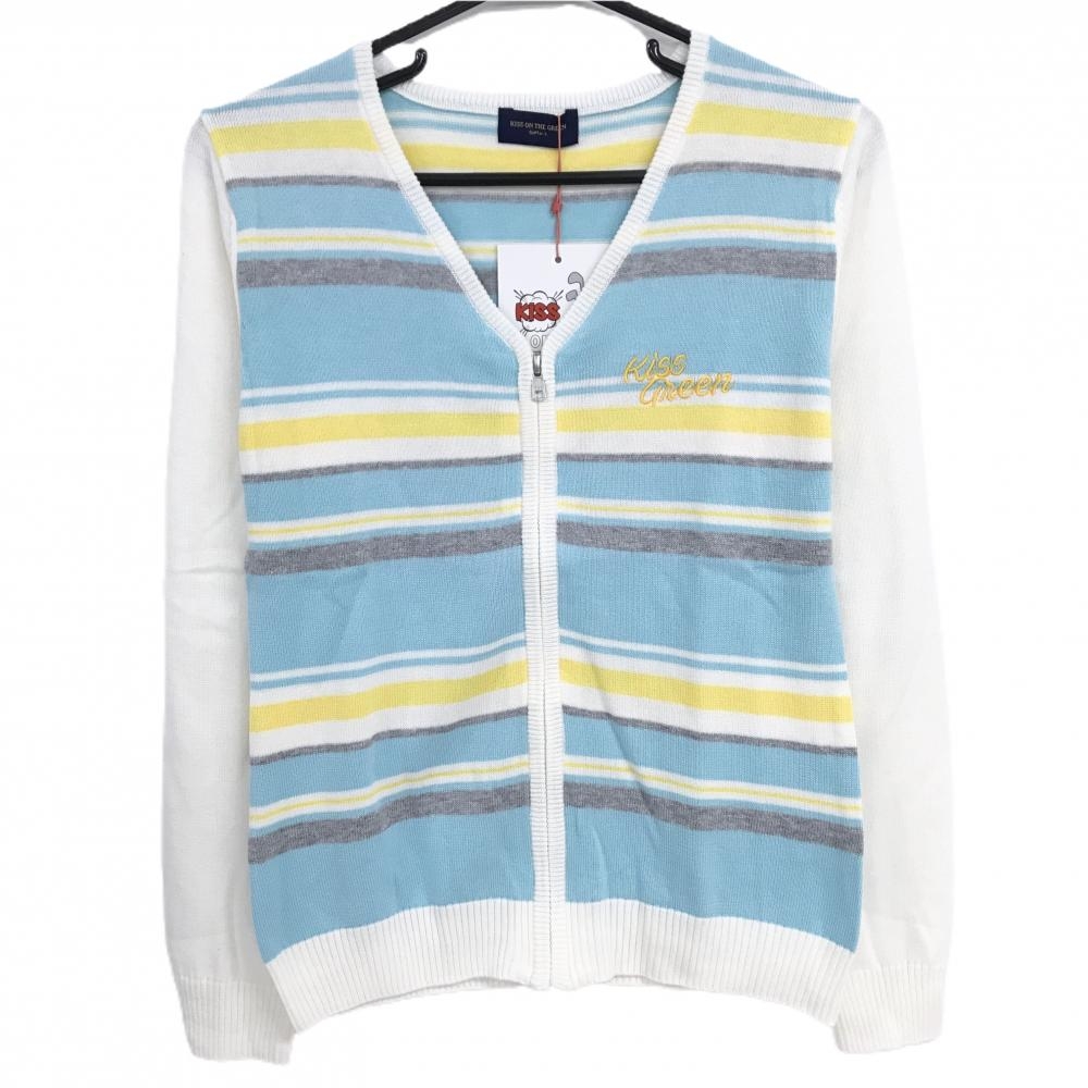 【新品】キスオンザグリーン ニットカーディガン ライトブルー×白×イエロー レディース 3(L) ゴルフウェア kiss on the green