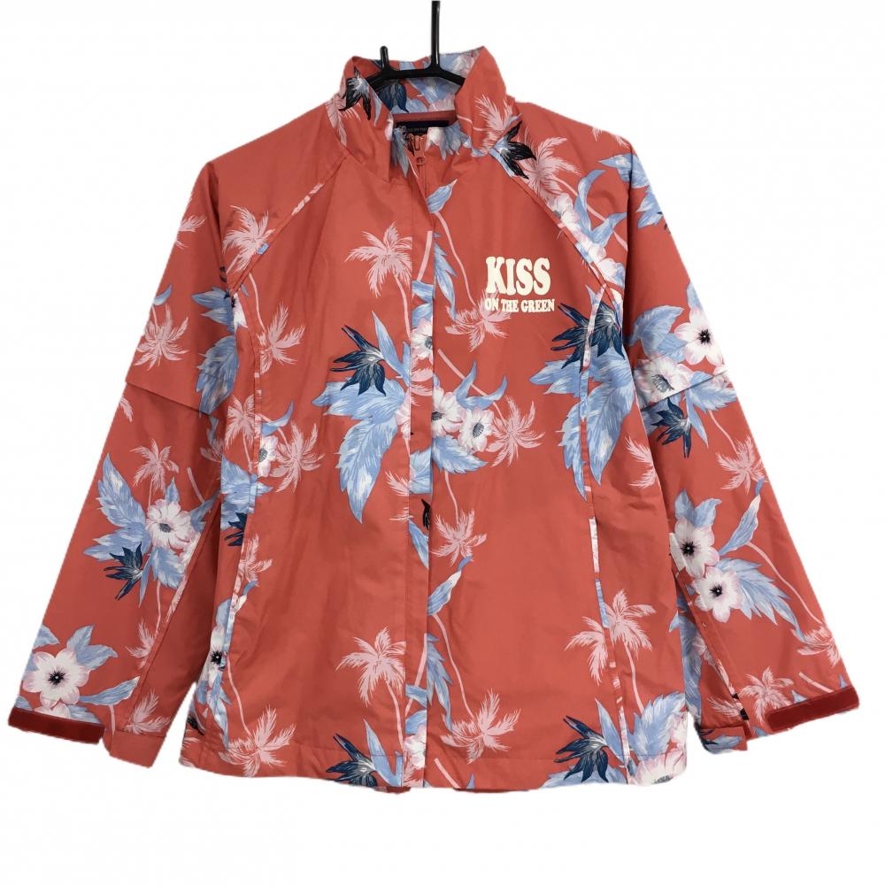キスオンザグリーン 2WAYレインジャケット レッド×ライトブルー 花柄 裏メッシュ 撥水 レディース 2(M) ゴルフウェア kiss on the green