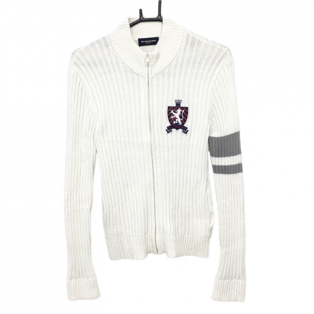 【美品】キスオンザグリーン ニットジャケット 白×グレー ストライプ編み アクリル混 レディース 3(L) ゴルフウェア kiss on the green