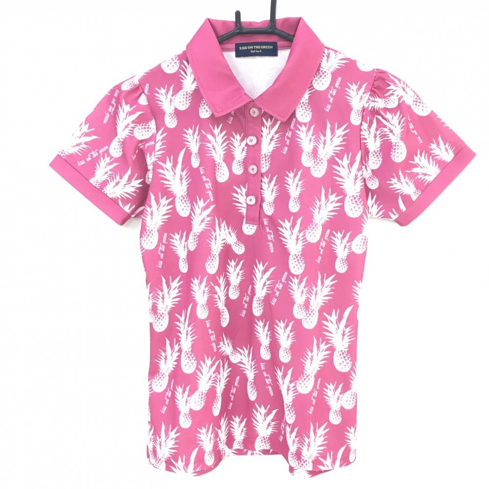【超美品】キスオンザグリーン 半袖ポロシャツ ピンク×白 パイナップル柄 レディース 2(M) ゴルフウェア kiss on the green
