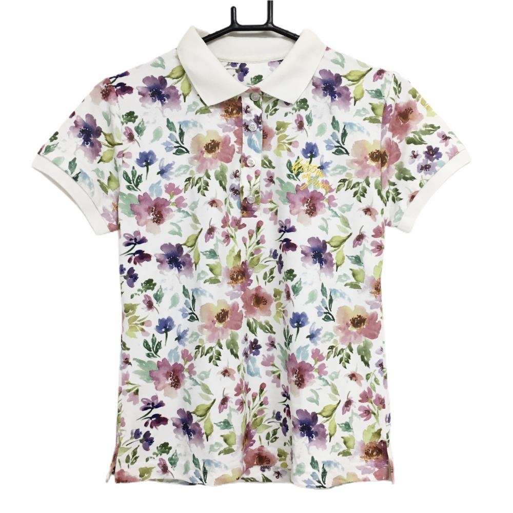 キスオンザグリーン 半袖ポロシャツ 白×マルチカラー 花柄 総柄 ロゴ刺しゅう レディース 2(M) ゴルフウェア kiss on the green