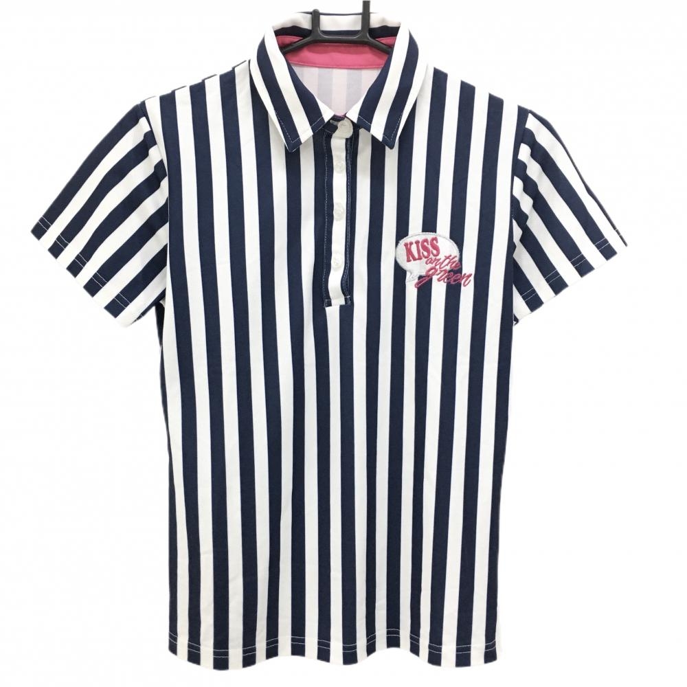 【美品】キスオンザグリーン 半袖ポロシャツ ネイビー×白 ストライプ レディース 2(M) ゴルフウェア kiss on the green