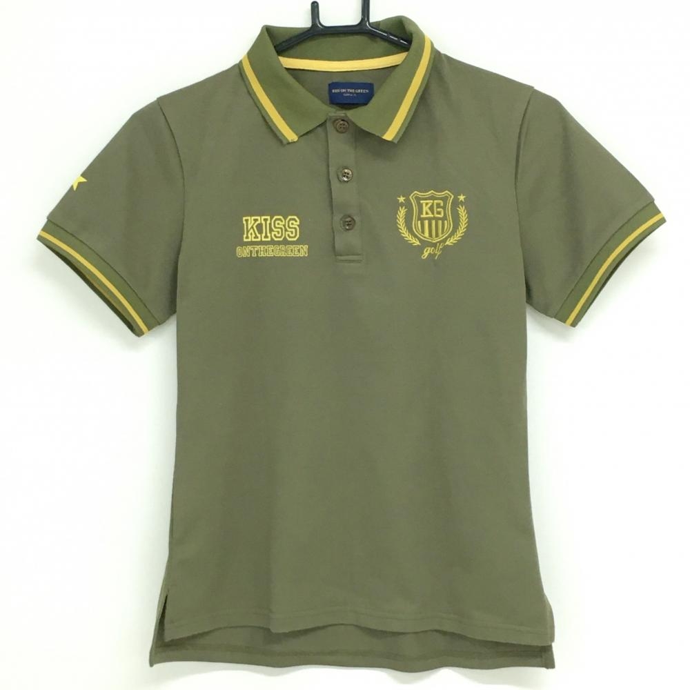 キスオンザグリーン 半袖ポロシャツ カーキ×イエロー ロゴプリント レディース 2(Ｍ) ゴルフウェア kiss on the green