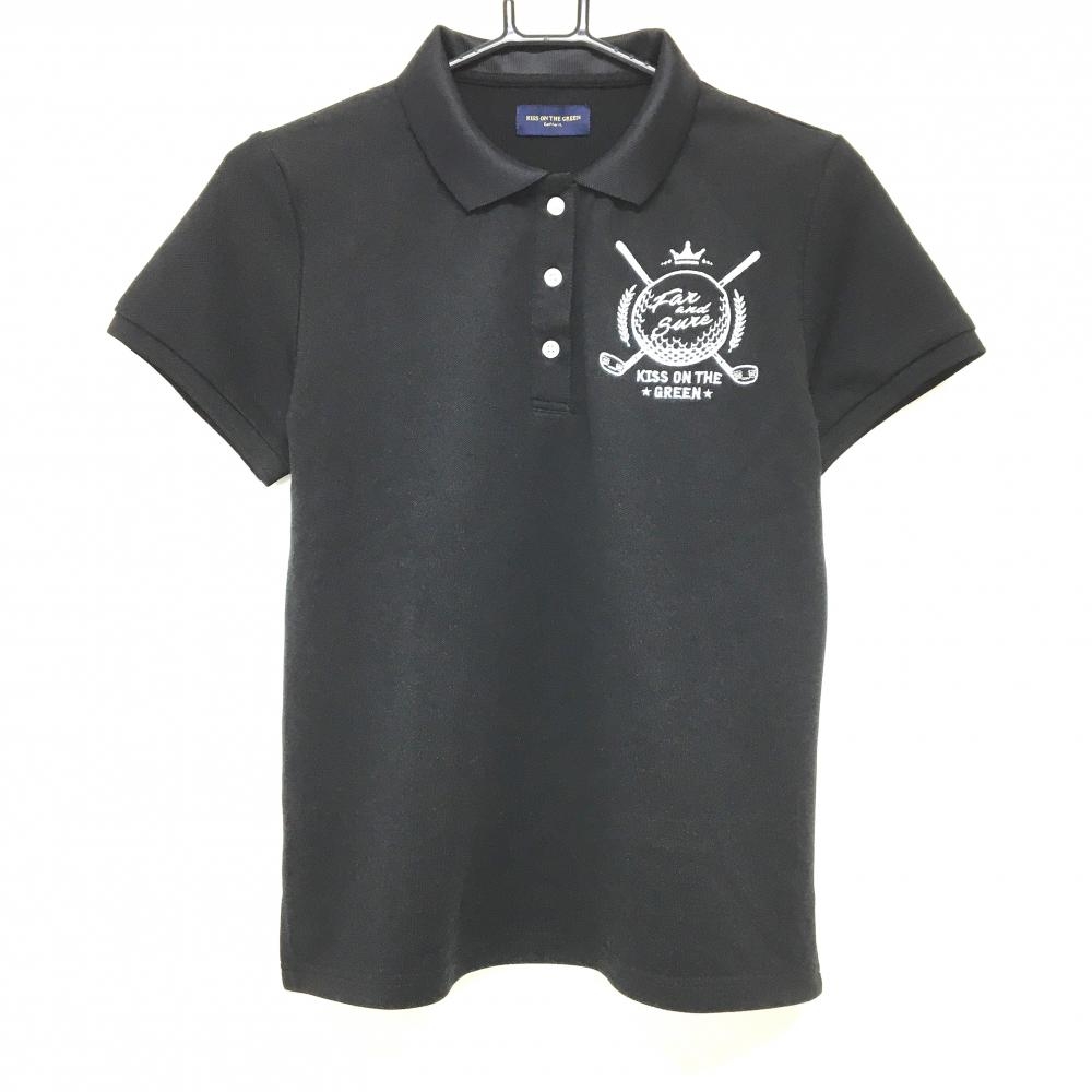 【美品】キスオンザグリーン 半袖ポロシャツ 黒 ロゴ刺しゅう レディース 3(L) ゴルフウェア kiss on the green
