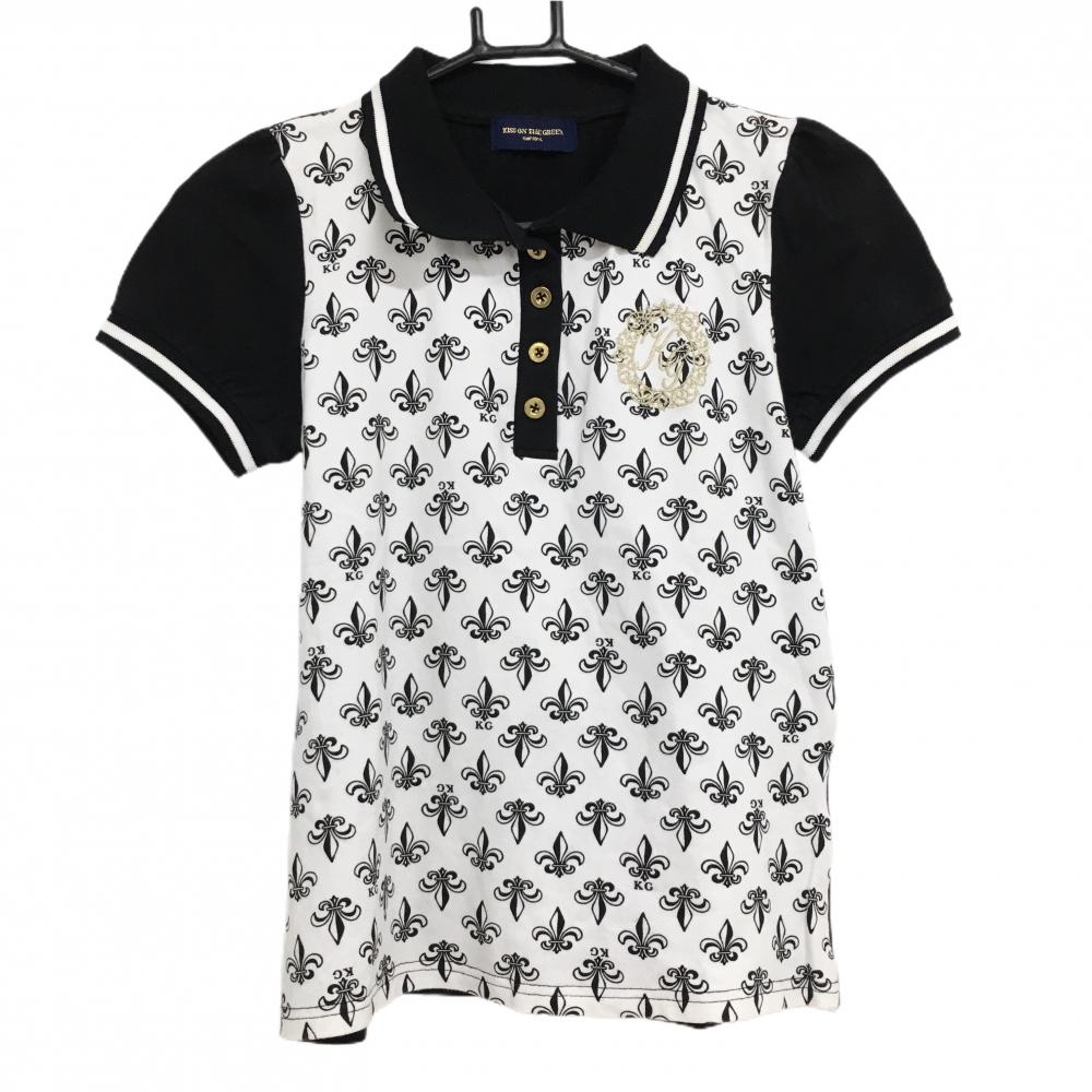 【美品】キスオンザグリーン 半袖ポロシャツ 白×黒 前身頃総柄  レディース 2(M) ゴルフウェア kiss on the green