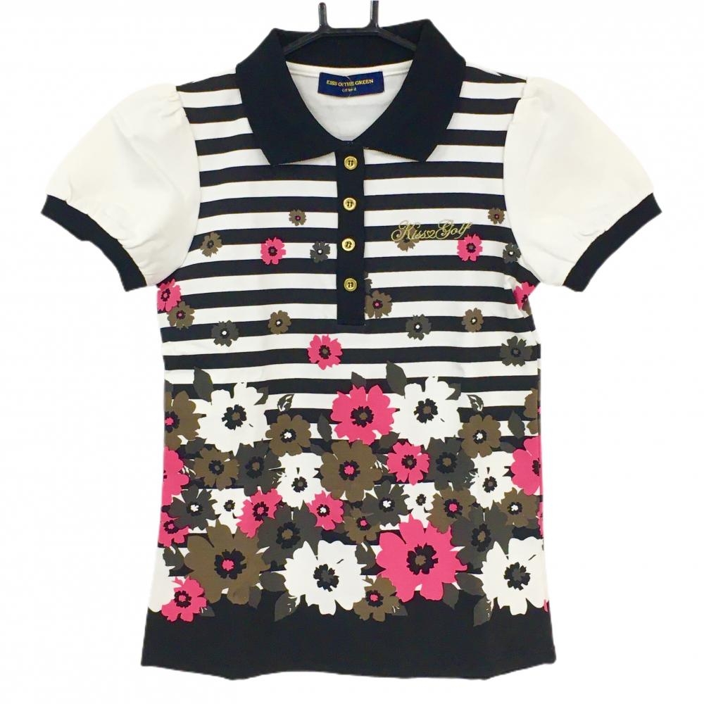 【新品】キスオンザグリーン 半袖ポロシャツ 白×黒×ピンク 身頃ボーダー×花柄 レディース 2(M) ゴルフウェア kiss on the green
