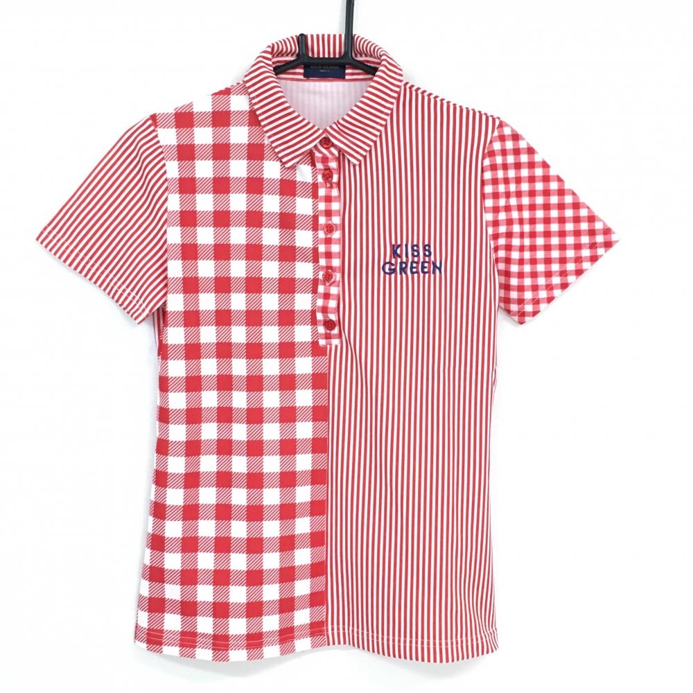 【新品】キスオンザグリーン 半袖ポロシャツ レッド×白 チェック ストライプ  レディース 2(M) ゴルフウェア kiss on the green