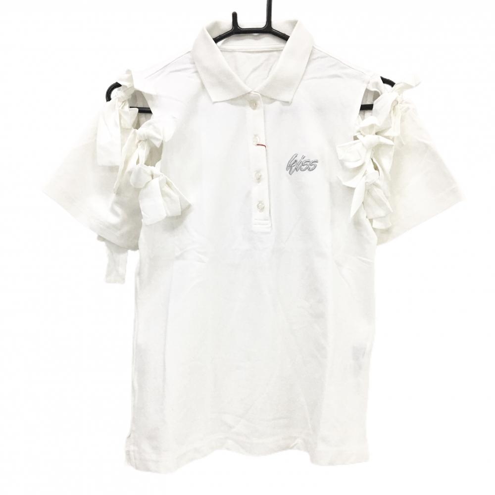【新品】キスオンザグリーン 半袖ポロシャツ 白 袖リボン ロゴ刺しゅう レディース 3(L) ゴルフウェア kiss on the green