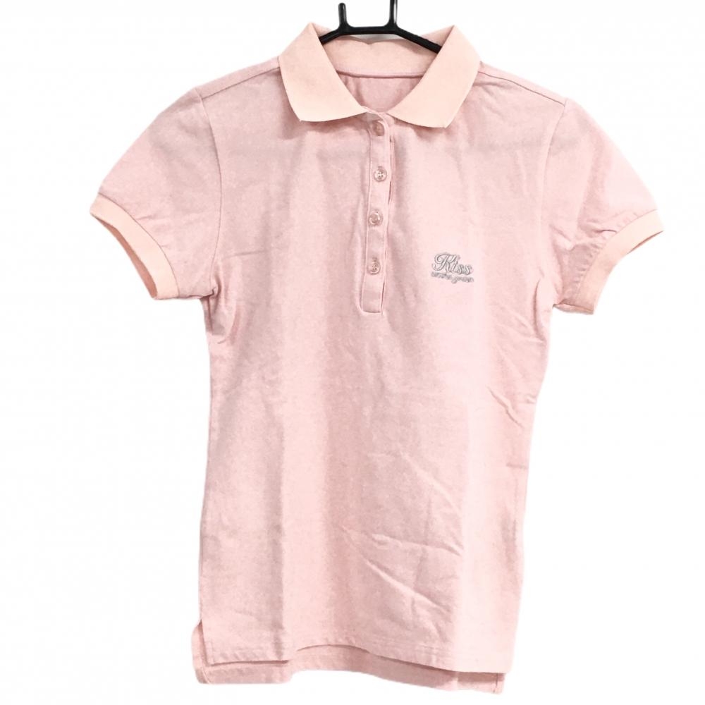 【超美品】キスオンザグリーン 半袖ポロシャツ サーモンピンク系 シルバーロゴ レディース 3(L) ゴルフウェア kiss on the green