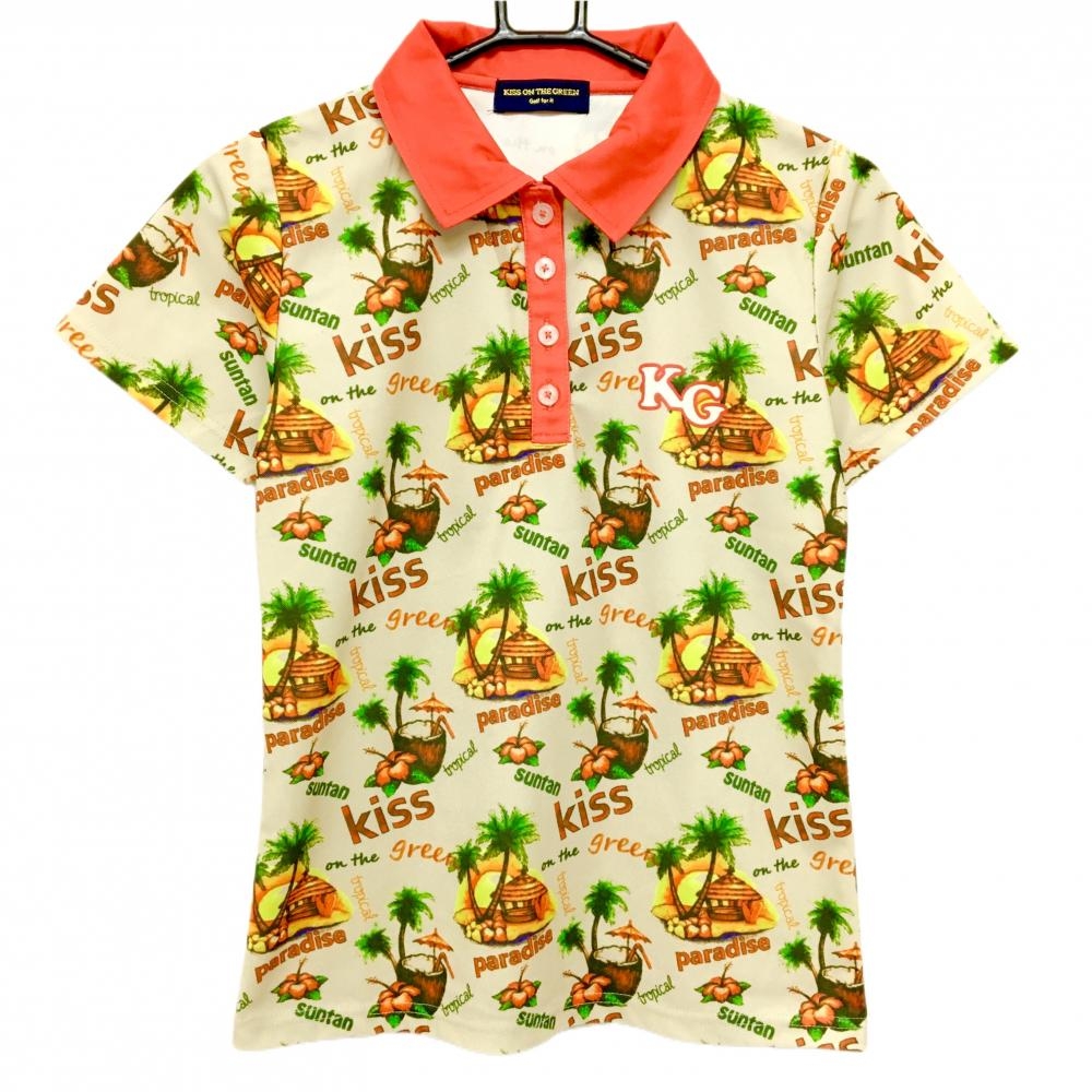 【超美品】キスオンザグリーン 半袖ポロシャツ ベージュ×レッド系 トロピカル総柄  レディース 2(M) ゴルフウェア kiss on the green