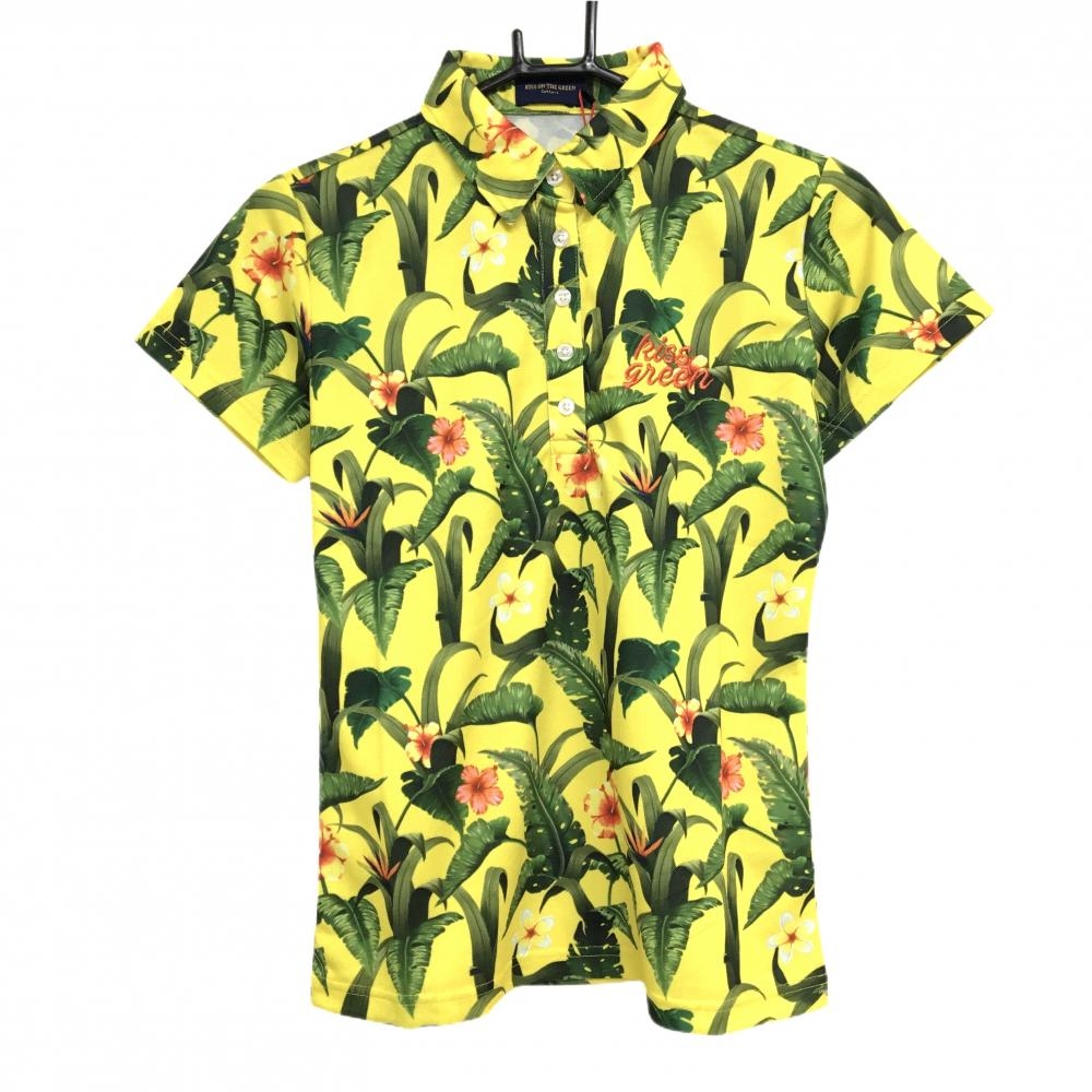 【新品】キスオンザグリーン 半袖ポロシャツ イエロー×グリーン 花柄 ロゴ刺しゅう  レディース 2(M) ゴルフウェア kiss on the green
