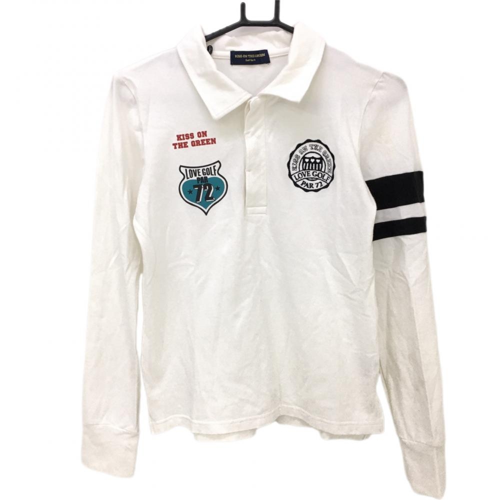 キスオンザグリーン 長袖ポロシャツ 白×黒 ロゴ刺しゅう コットン混 レディース 2(M) ゴルフウェア kiss on the green