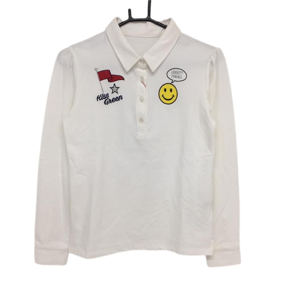 キスオンザグリーン 長袖ポロシャツ 白×イエロー ニコちゃん 紙タグ付 レディース M ゴルフウェア kiss on the green