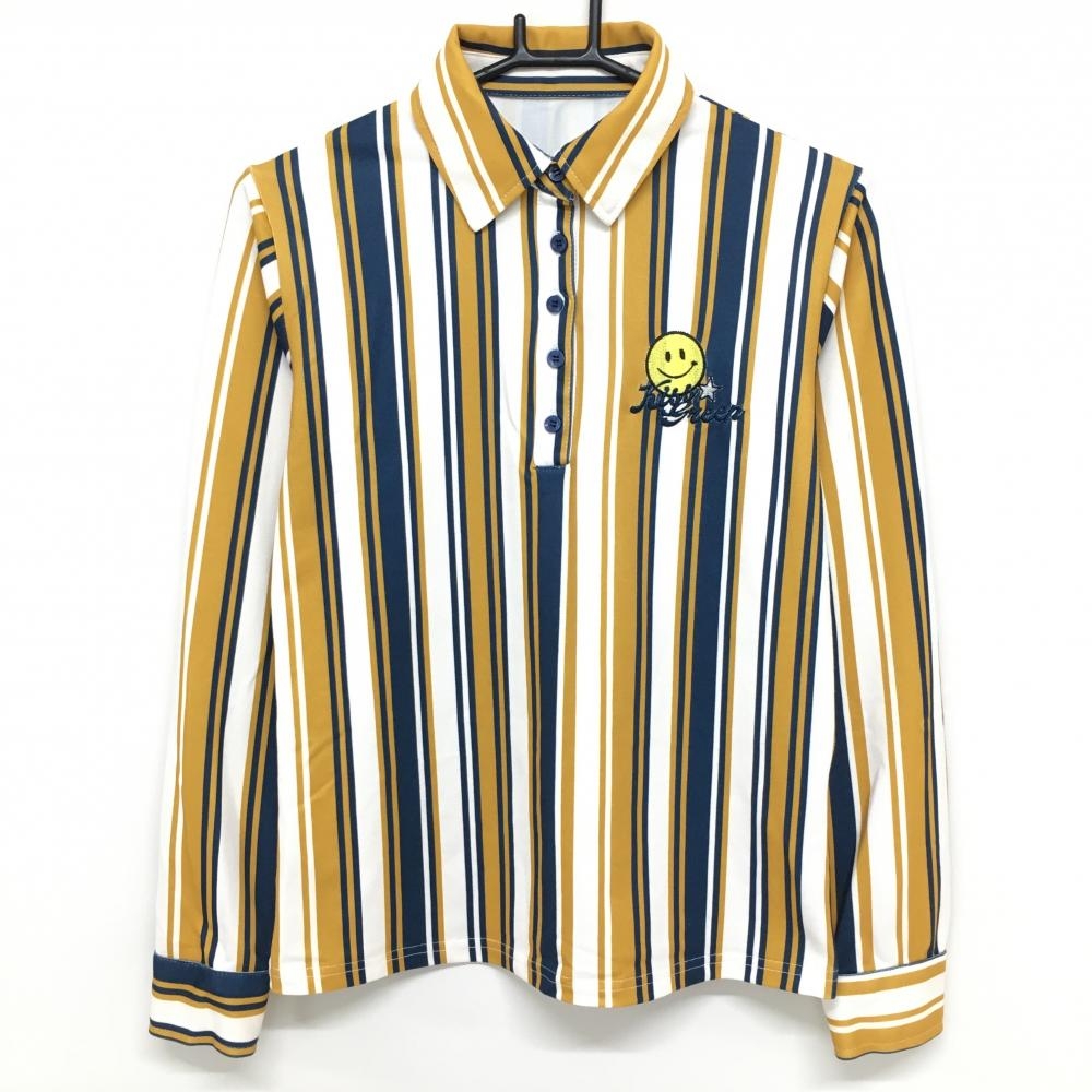 【超美品】キスオンザグリーン 長袖ポロシャツ マスタードイエロー×ネイビー ストライプ レディース 3(L) ゴルフウェア kiss on the green