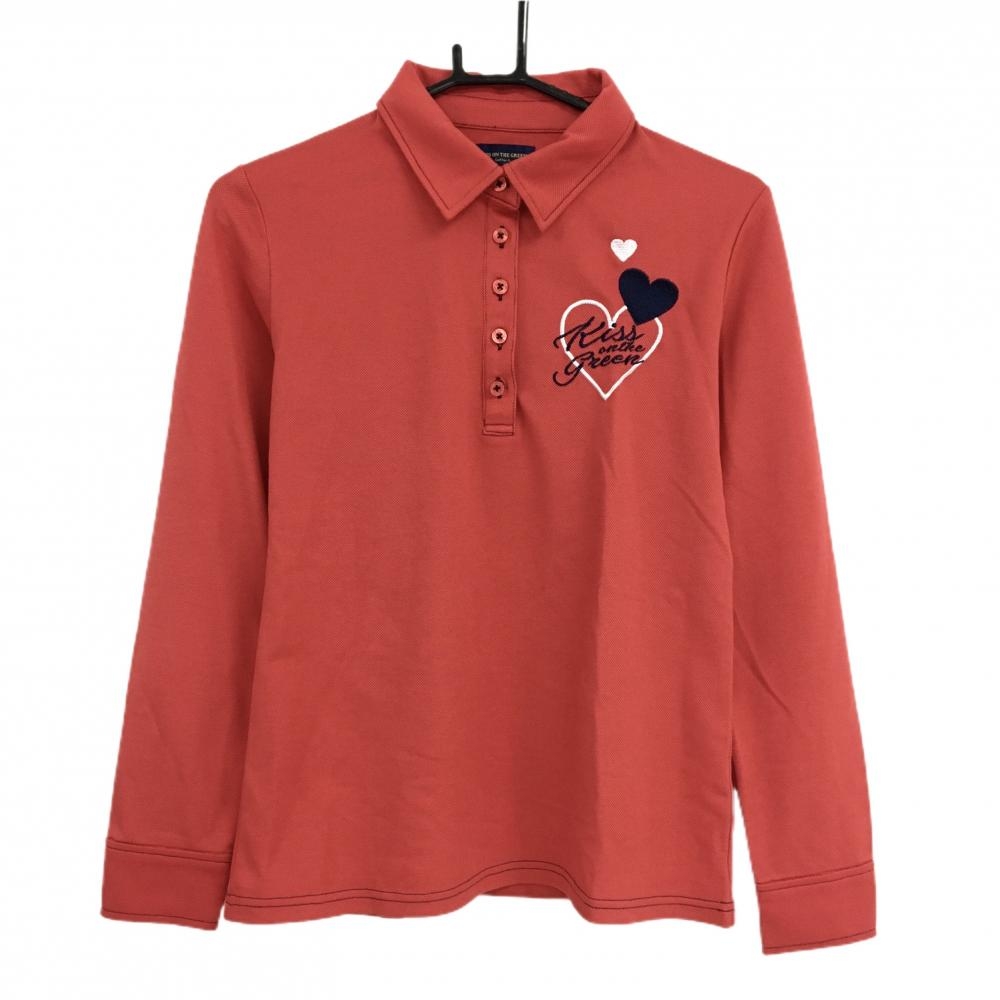 【超美品】キスオンザグリーン 長袖ポロシャツ レッド×ネイビー ロゴ刺しゅう ハート レディース 3(L) ゴルフウェア kiss on the green