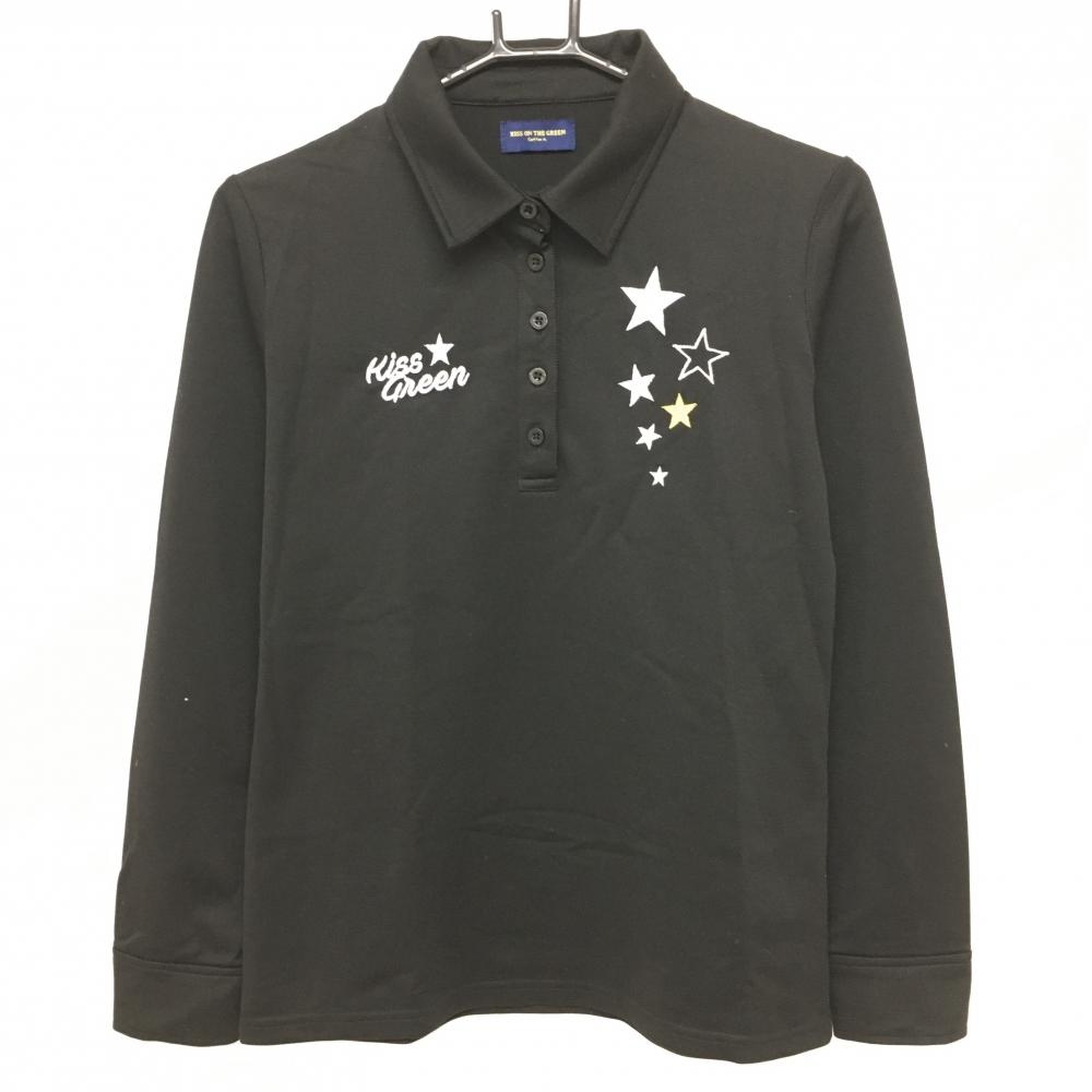 【超美品】キスオンザグリーン 長袖ポロシャツ 黒×白 ロゴ刺しゅう 星 レディース 3(L) ゴルフウェア kiss on the green