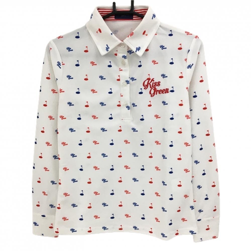 【美品】キスオンザグリーン 長袖ポロシャツ 白×ブルー×レッド フラッグ総柄  レディース 2(M) ゴルフウェア kiss on the green