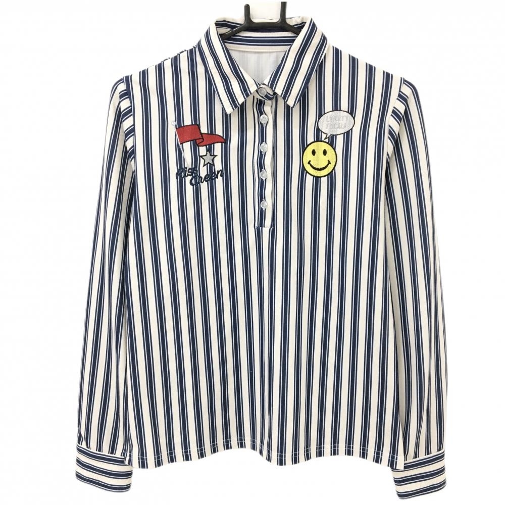 【超美品】キスオンザグリーン 長袖ポロシャツ ライトベージュ×ネイビー ストライプ  レディース 2(M) ゴルフウェア kiss on the green