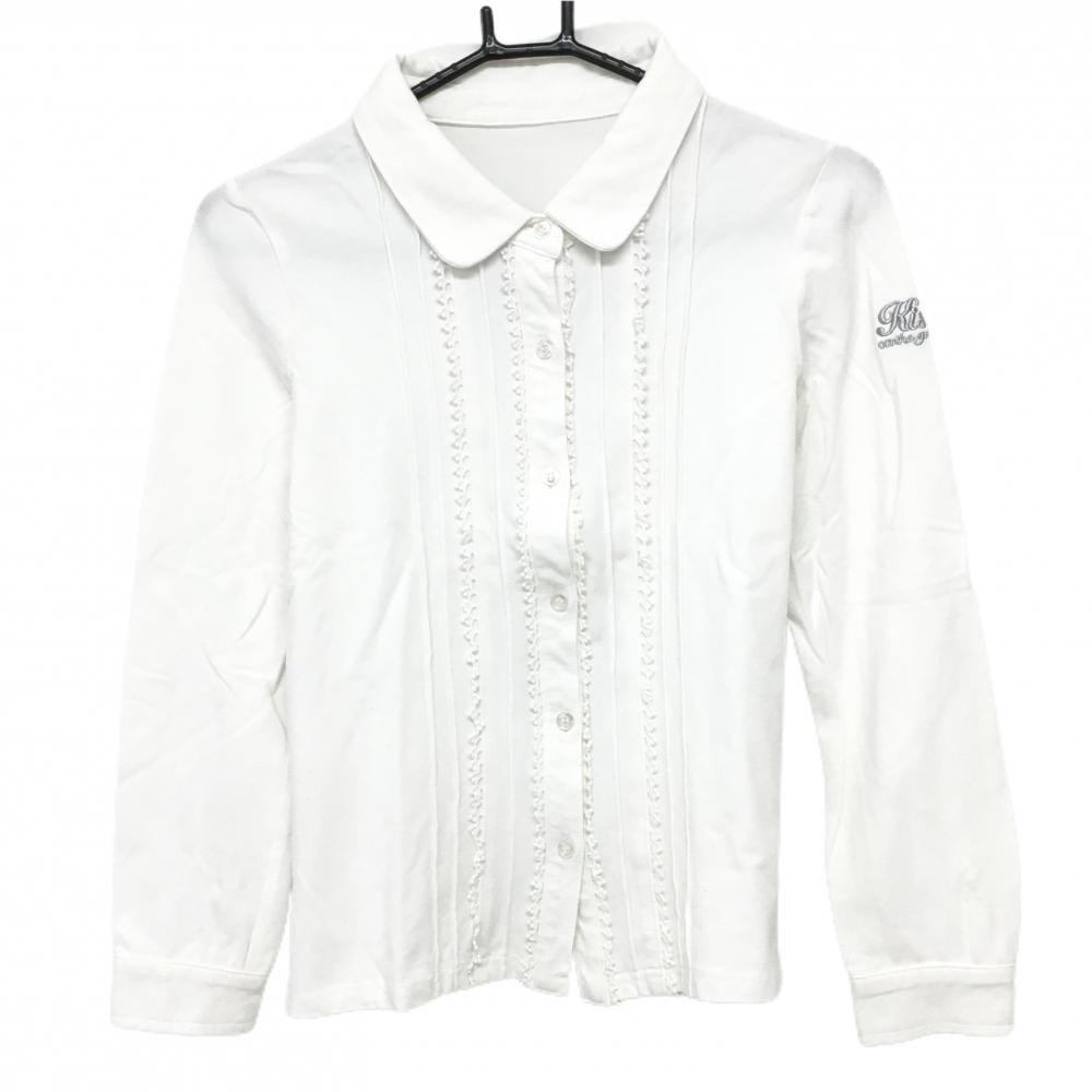 【美品】キスオンザグリーン 長袖シャツ 白 前面ピンタック・ピコレース 袖刺しゅう  レディース 2(M) ゴルフウェア kiss on the green
