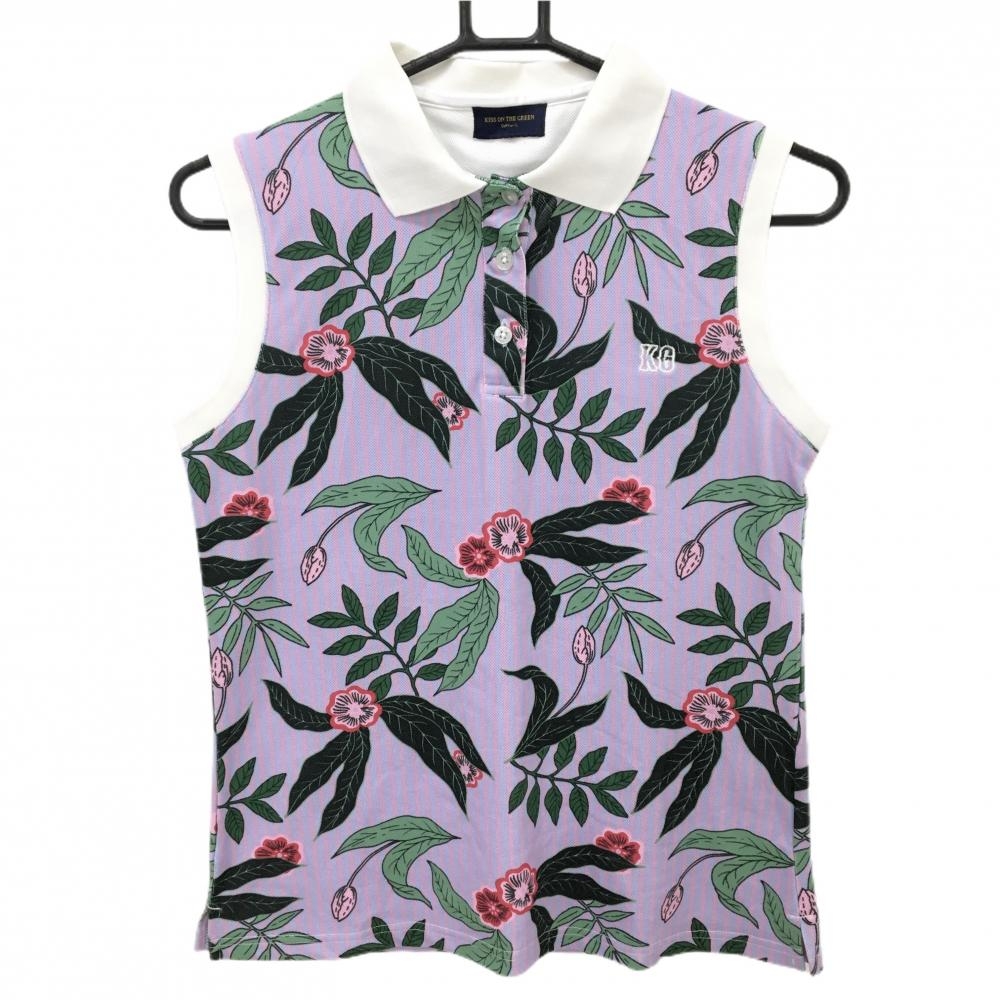 【超美品】キスオンザグリーン ノースリーブポロシャツ パープル×グリーン リーフ柄 レディース M ゴルフウェア kiss on the green