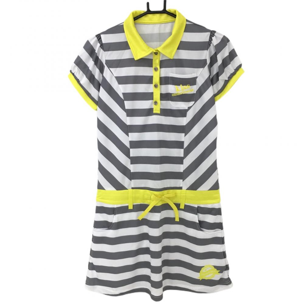 【超美品】キスオンザグリーン 半袖ワンピース グレー×白 ボーダー ロゴイエロー レディース 2(M) ゴルフウェア kiss on the green