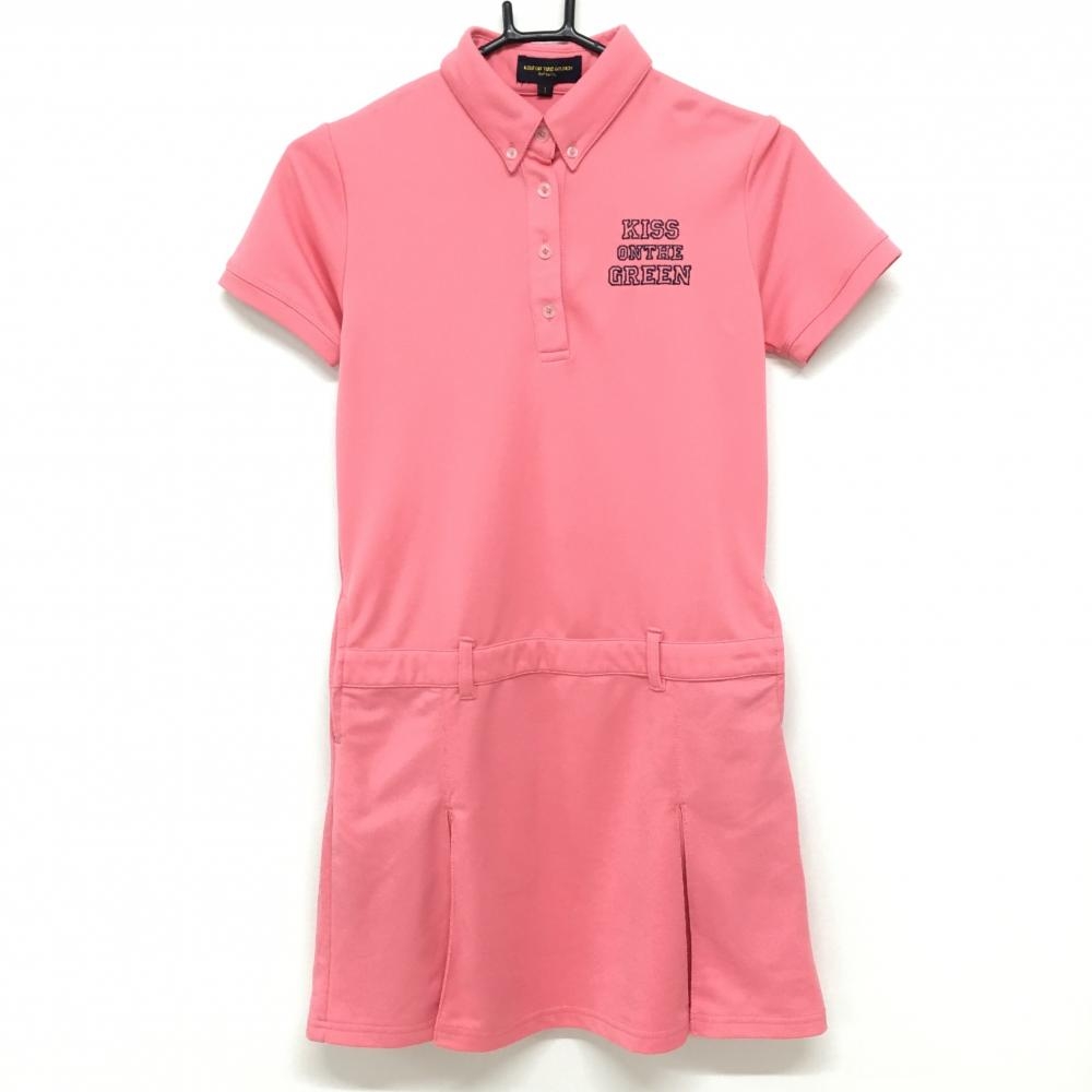 【美品】キスオンザグリーン 半袖ポロワンピース ピンク ボックスプリーツ ボタンダウン レディース 1(S) ゴルフウェア kiss on the green