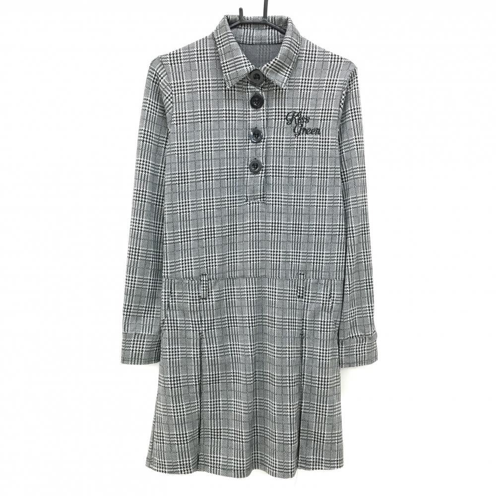 【超美品】キスオンザグリーン 長袖ポロワンピース 黒×白 グレンチェック  レディース 3(L) ゴルフウェア kiss on the green