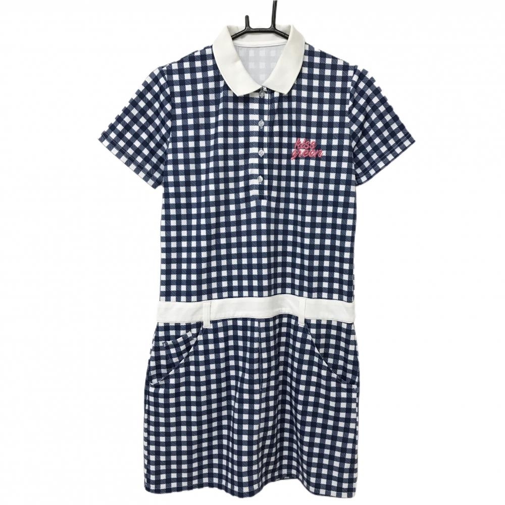 【美品】キスオンザグリーン 半袖ポロワンピース 白×ネイビー ギンガムチェック レディース 2(M) ゴルフウェア kiss on the green
