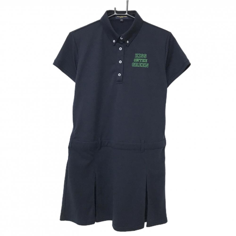 【超美品】キスオンザグリーン 半袖ポロワンピース ネイビー ボタンダウン ロゴ刺しゅう レディース 3(L) ゴルフウェア kiss on the green