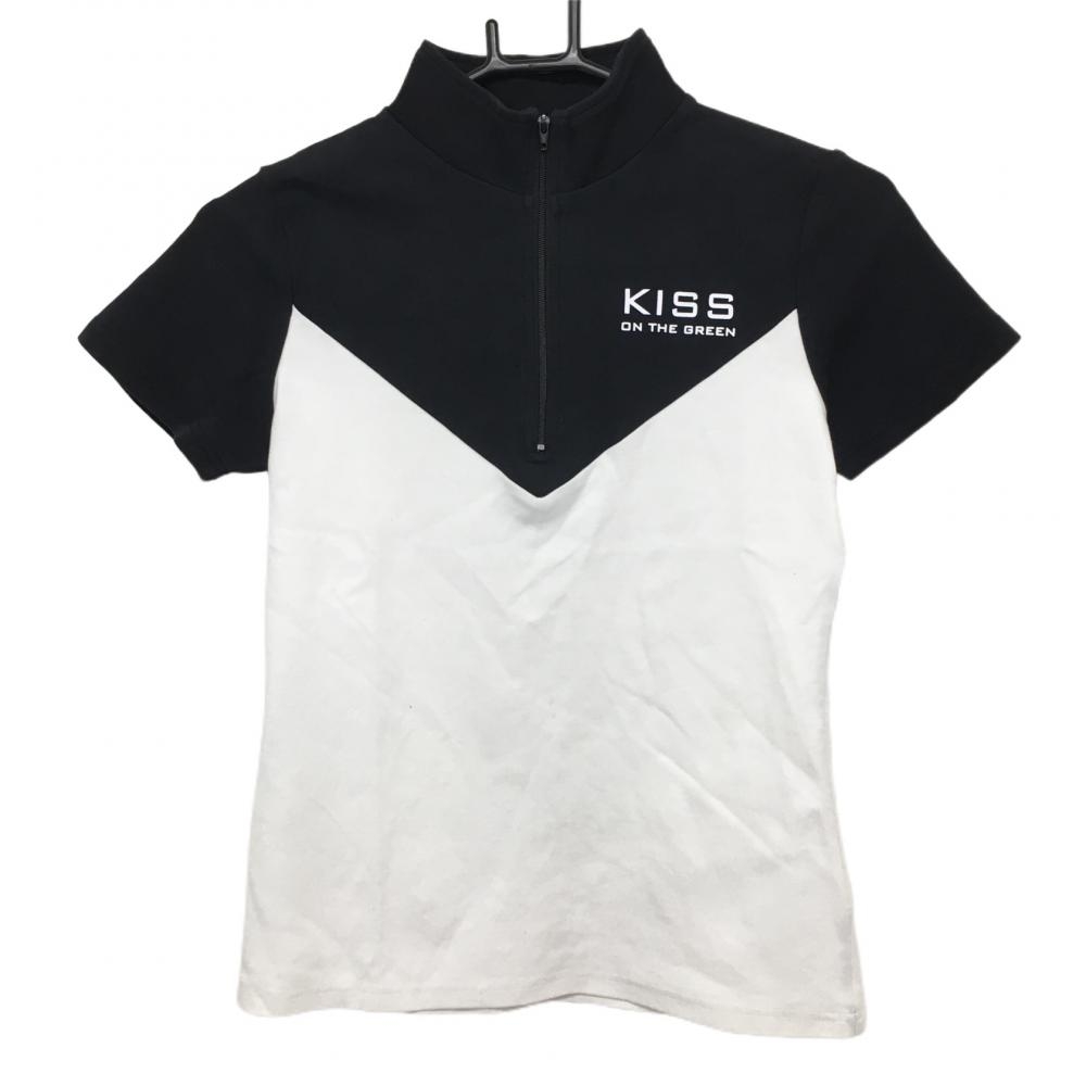 【美品】キスオンザグリーン 半袖ハイネックシャツ 黒×白 ハーフジップ コットン混  レディース 2 ゴルフウェア kiss on the green