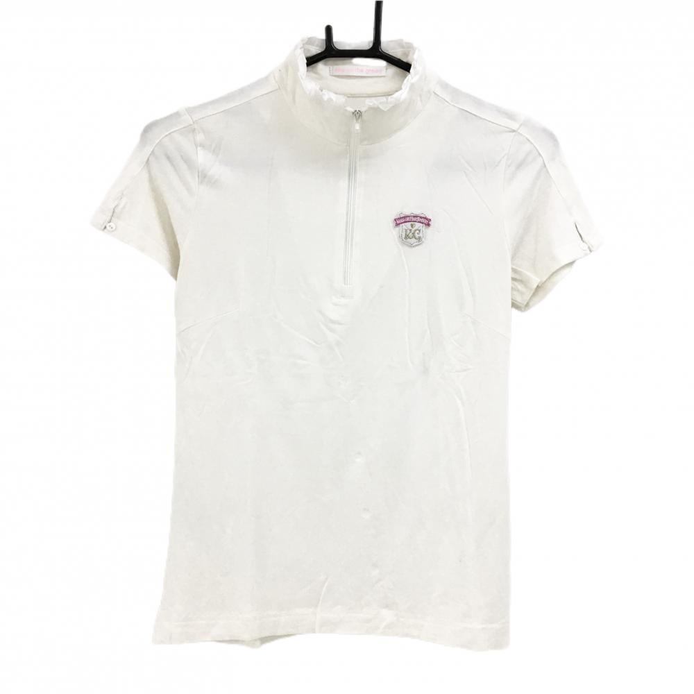 【美品】キスオンザグリーン 半袖ハイネックシャツ 白 ネックフリル ロゴワッペン   レディース  ゴルフウェア kiss on the green