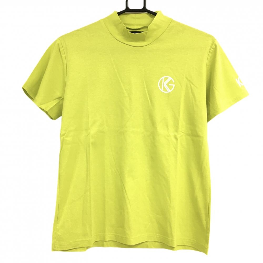 【超美品】キスオンザグリーン 半袖ハイネックシャツ グリーンイエロー ロゴ白 レディース 3(L) ゴルフウェア kiss on the green
