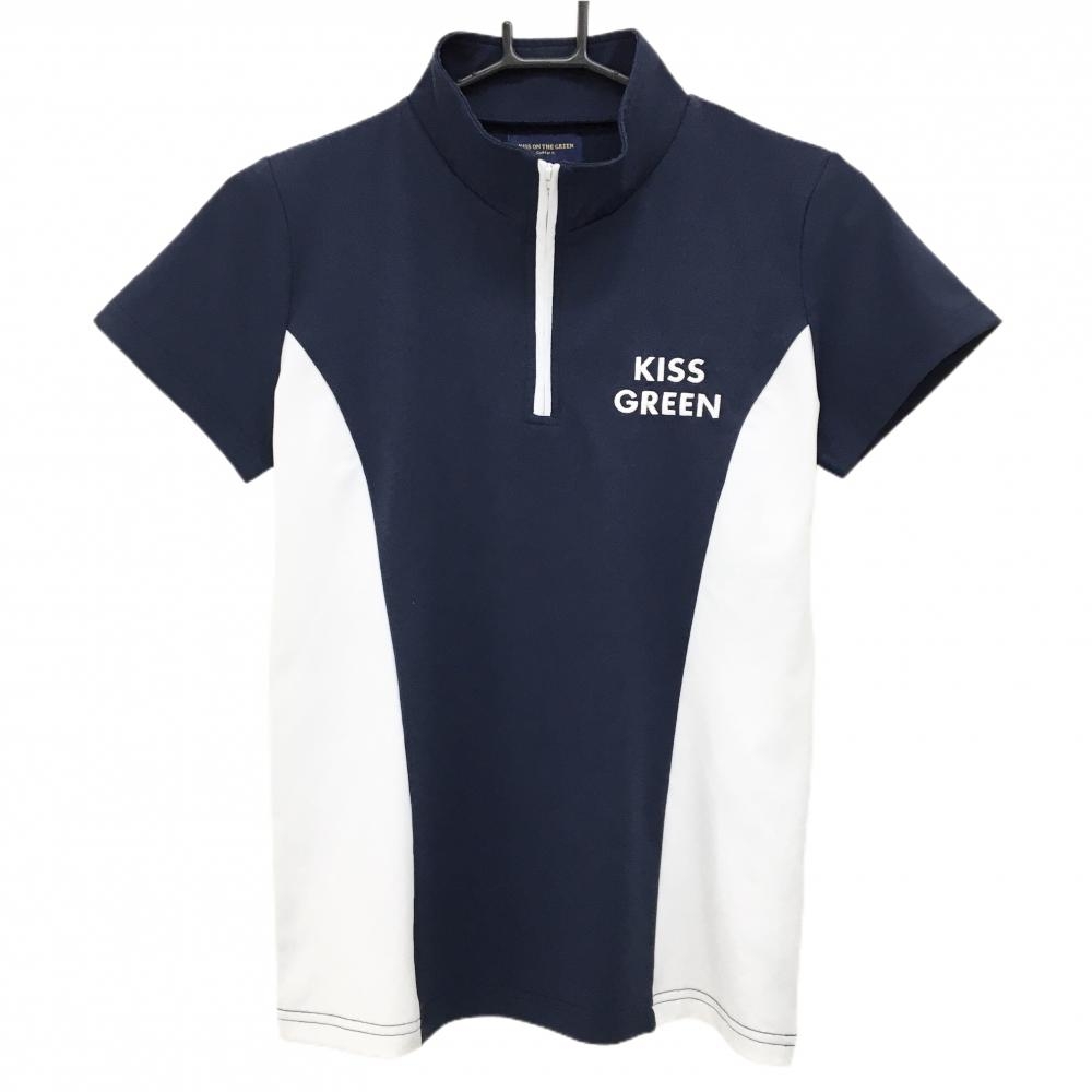 【超美品】キスオンザグリーン 半袖ハイネックシャツ ネイビー×白 ハーフジップ レディース 2(M) ゴルフウェア kiss on the green