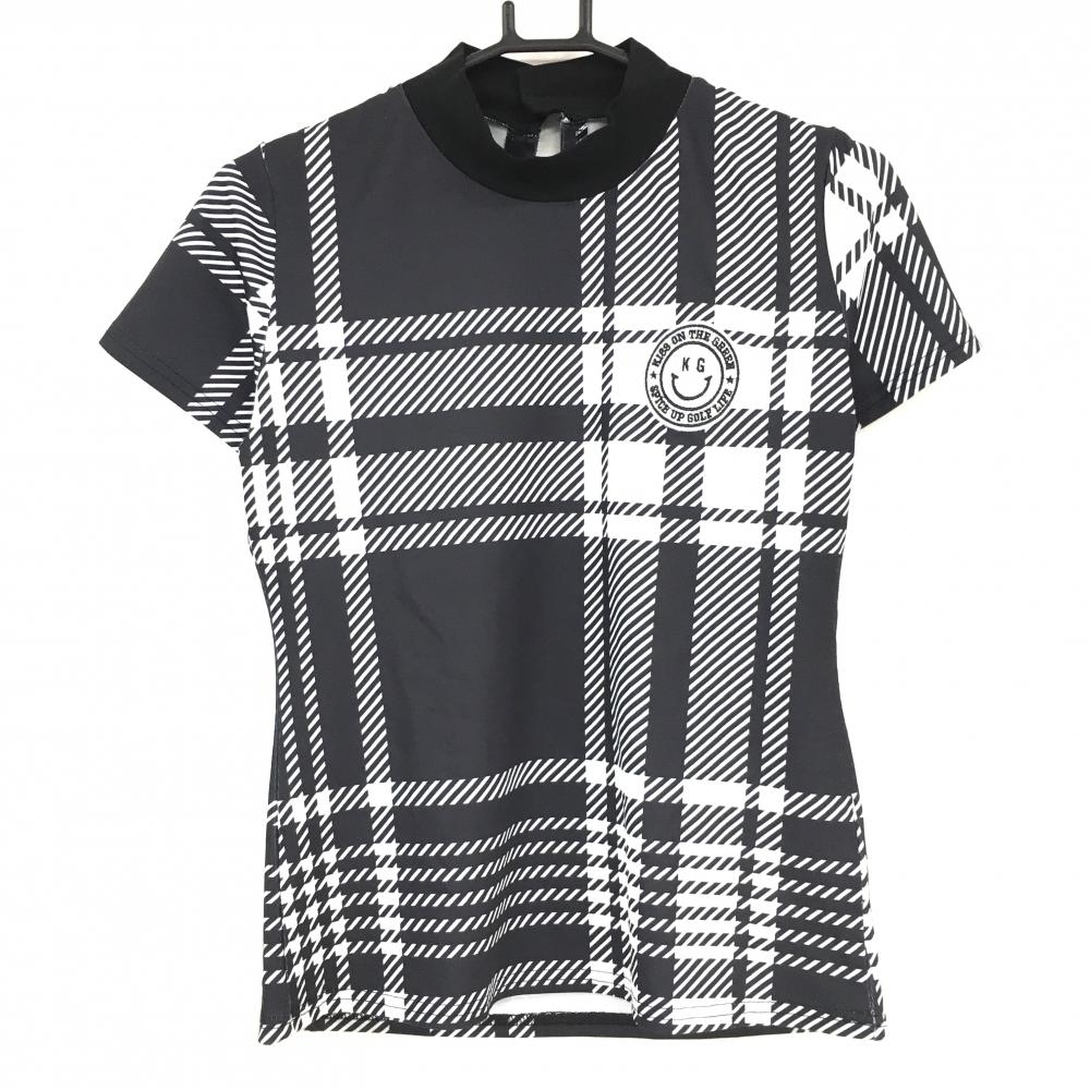 【美品】キスオンザグリーン 半袖ハイネックシャツ 黒×白 チェック ニコちゃんワッペン レディース 2(M) ゴルフウェア kiss on the green