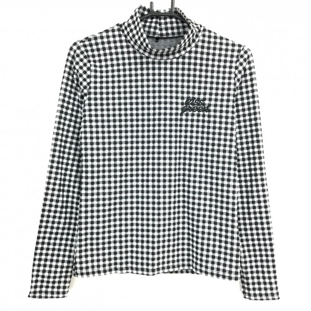 【超美品】キスオンザグリーン 長袖ハイネックシャツ 白×黒 チェック ロゴ刺しゅう レディース 2(M) ゴルフウェア kiss on the green