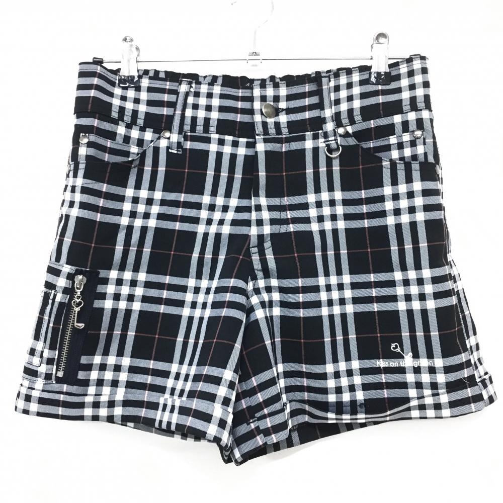 キスオンザグリーン ショートパンツ 黒×白 チェック ストレッチ ロゴ刺しゅう  レディース M ゴルフウェア kiss on the green