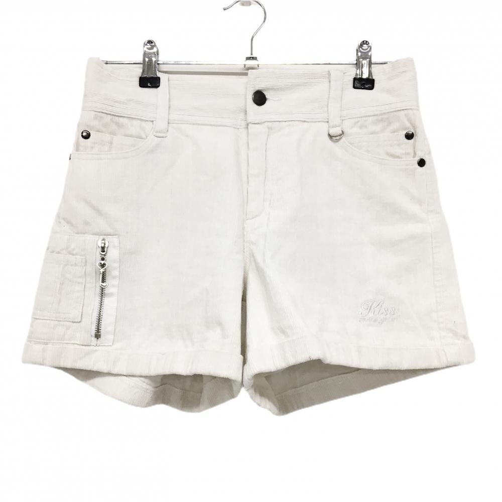 【美品】キスオンザグリーン ショートパンツ 白 表微起毛 ロゴ刺しゅう ストレッチ レディース 2(M) ゴルフウェア kiss on the green