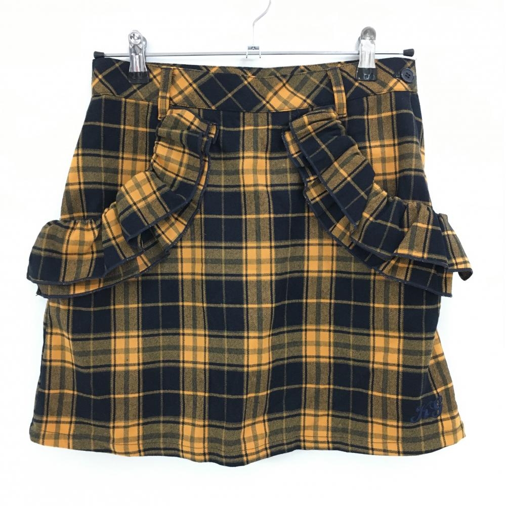 【超美品】キスオンザグリーン スカート オレンジ×黒 チェック 内側インナーパンツ レディース 2(M) ゴルフウェア kiss on the green