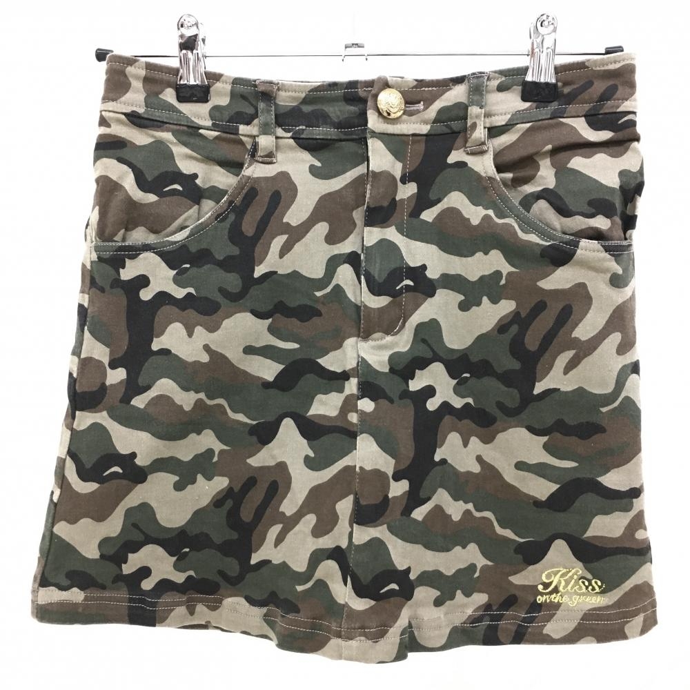 キスオンザグリーン スカート ベージュ×カーキ カモフラ柄 迷彩 ストレッチ レディース 2(M) ゴルフウェア kiss on the green