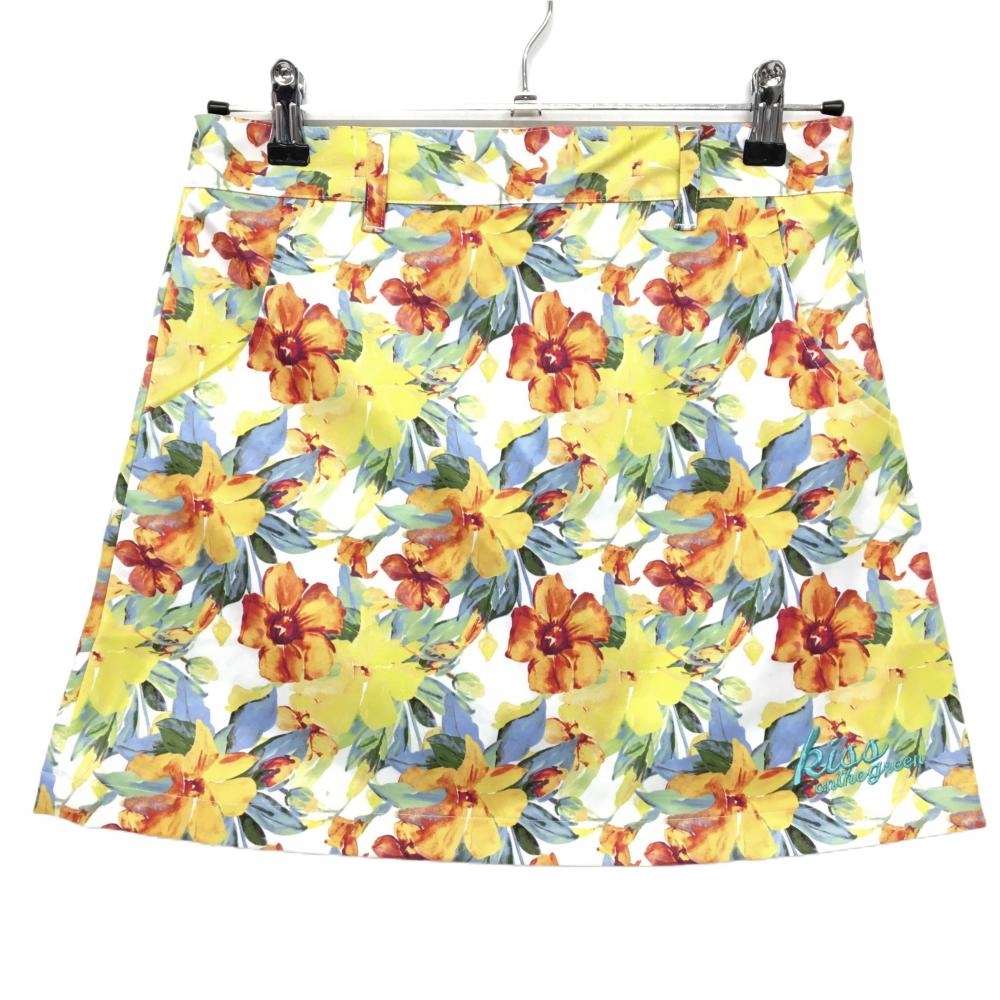 【新品】キスオンザグリーン スカート 白×イエロー 花柄 内側インナーパンツ レディース 2(M) ゴルフウェア kiss on the green