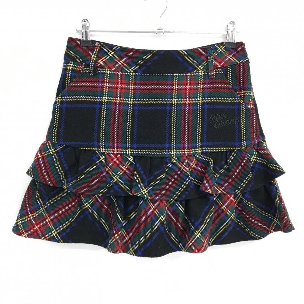 【美品】キスオンザグリーン ティアードスカート 黒×マルチカラー チェック  レディース 2(M) ゴルフウェア kiss on the green
