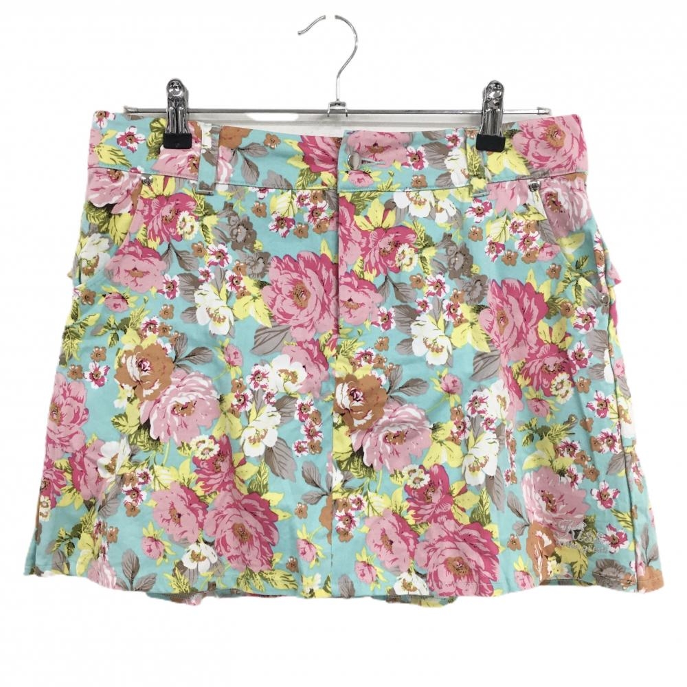 【美品】キスオンザグリーン スカート ミントブルー系×ピンク×イエロー 花柄 レディース 3(L) ゴルフウェア kiss on the green