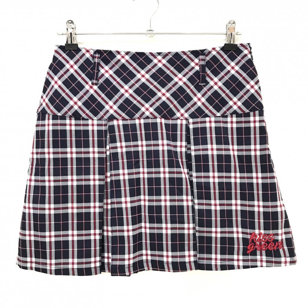 【超美品】キスオンザグリーン スカート ネイビー×白 チェック ストレッチ レディース 2(M) ゴルフウェア kiss on the green