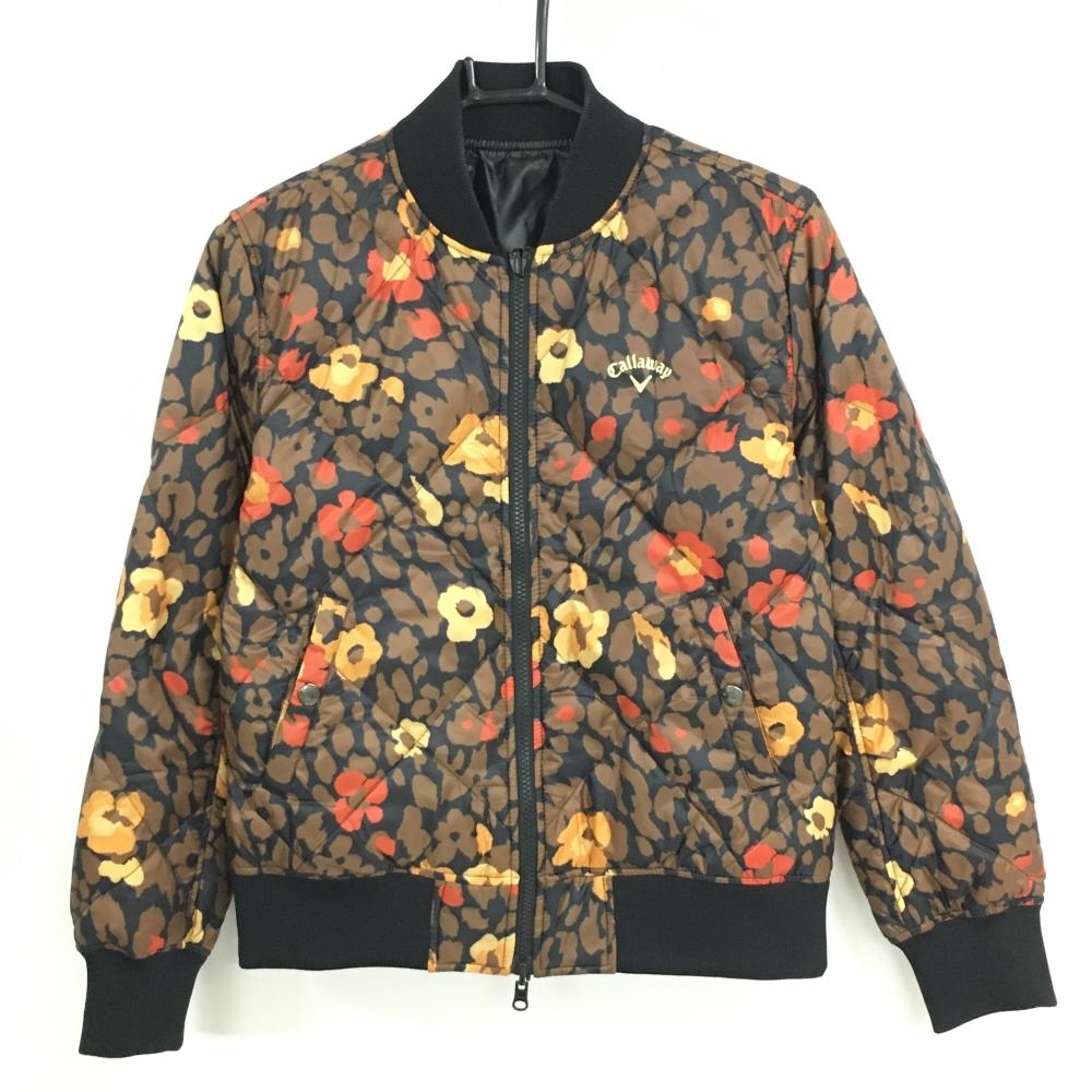 キャロウェイ リバーシブルダウンジャケット 黒×ブラウン レオパード 花 総柄 裏無地  レディース L ゴルフウェア Callaway